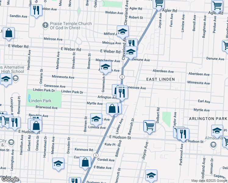 map of restaurants, bars, coffee shops, grocery stores, and more near 1653 Genessee Avenue in Columbus