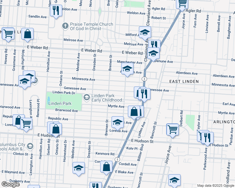 map of restaurants, bars, coffee shops, grocery stores, and more near 1603 Genessee Avenue in Columbus
