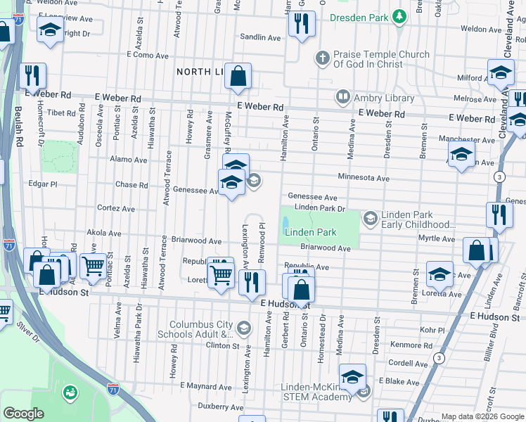 map of restaurants, bars, coffee shops, grocery stores, and more near 2579 Lexington Avenue in Columbus