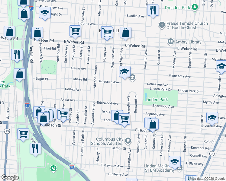 map of restaurants, bars, coffee shops, grocery stores, and more near 2595 Grasmere Avenue in Columbus