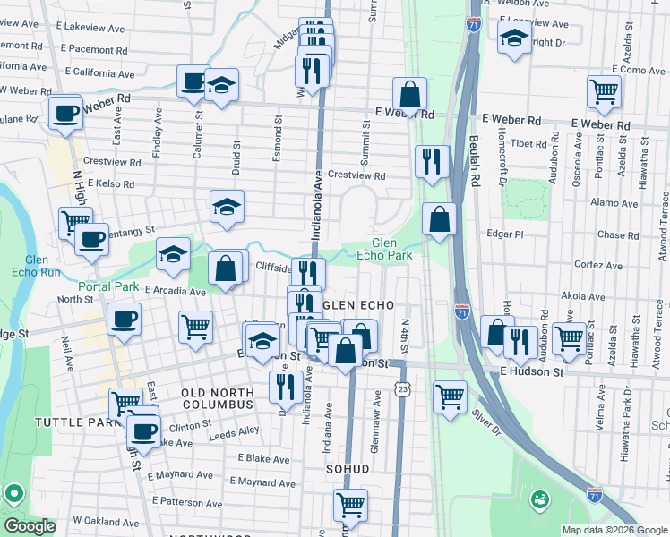 map of restaurants, bars, coffee shops, grocery stores, and more near 416 Glen Echo Circle in Columbus