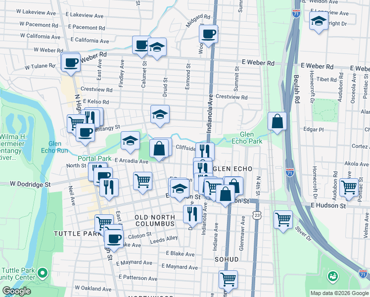 map of restaurants, bars, coffee shops, grocery stores, and more near 2710 Dayton Avenue in Columbus