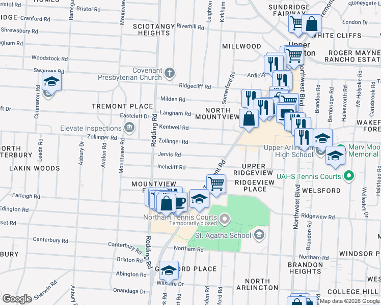 map of restaurants, bars, coffee shops, grocery stores, and more near 2040 Jervis Road in Upper Arlington
