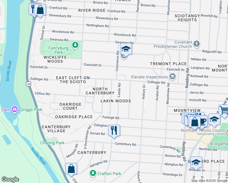 map of restaurants, bars, coffee shops, grocery stores, and more near 3135 Herrick Road in Columbus