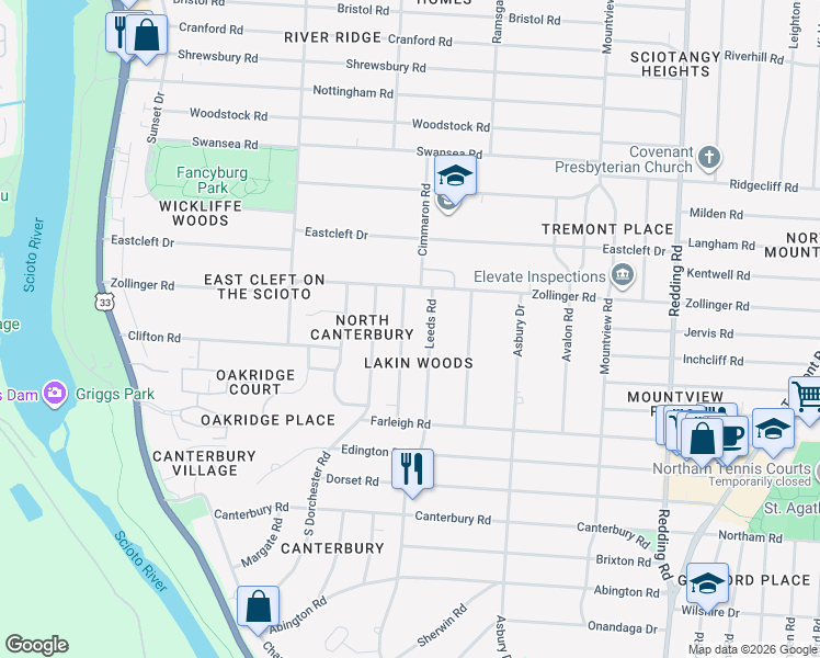 map of restaurants, bars, coffee shops, grocery stores, and more near 3135 Herrick Road in Columbus