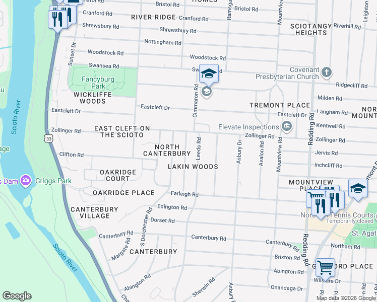 map of restaurants, bars, coffee shops, grocery stores, and more near 3135 Herrick Road in Columbus