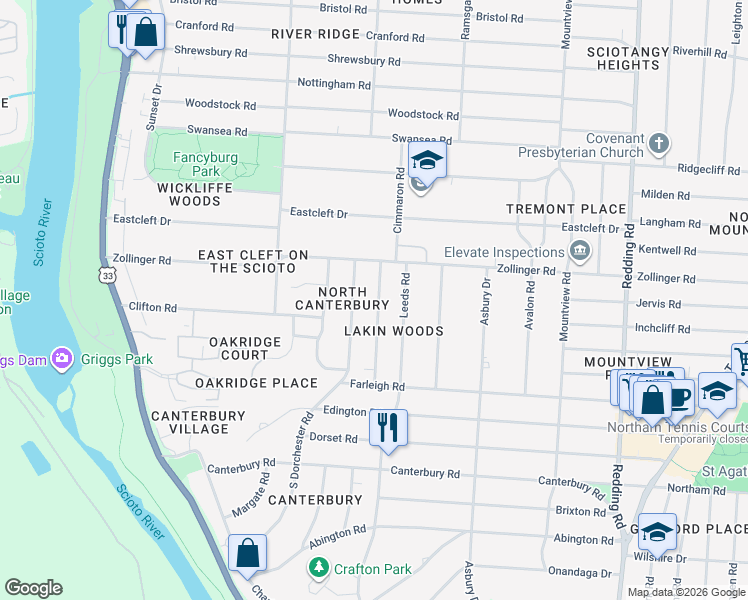 map of restaurants, bars, coffee shops, grocery stores, and more near 3135 Herrick Road in Columbus