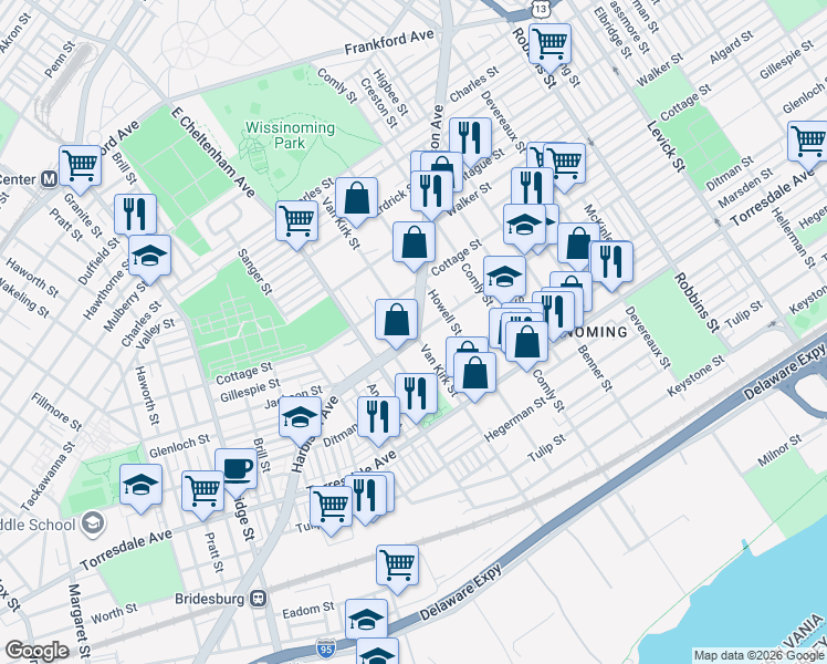 map of restaurants, bars, coffee shops, grocery stores, and more near Harbison Avenue & Van Kirk Street in Philadelphia