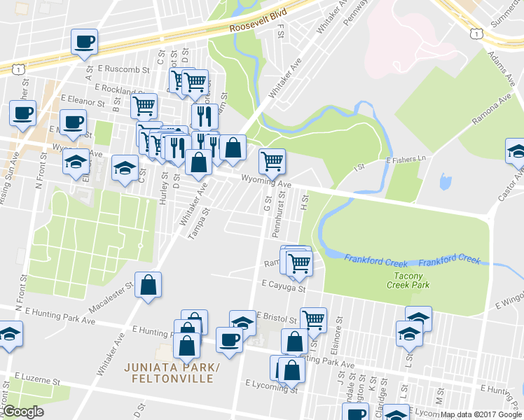 map of restaurants, bars, coffee shops, grocery stores, and more near 4608 G St in Philadelphia