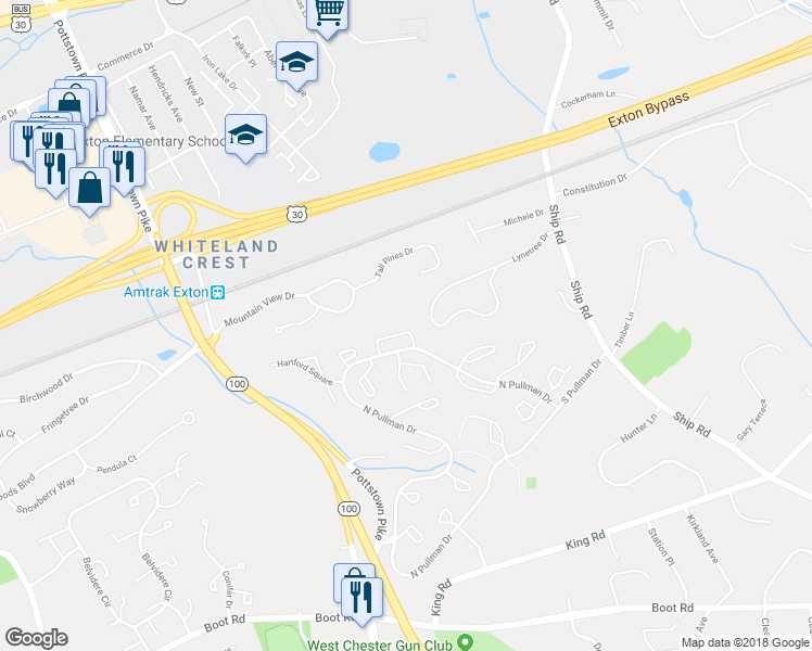 map of restaurants, bars, coffee shops, grocery stores, and more near 598 Coach Hill Court in West Chester