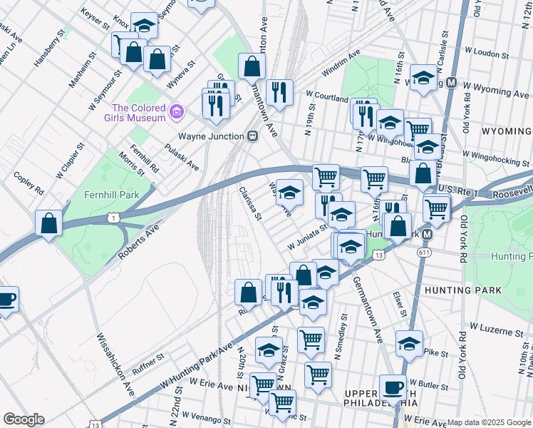 map of restaurants, bars, coffee shops, grocery stores, and more near 2036 Rowan Street in Philadelphia