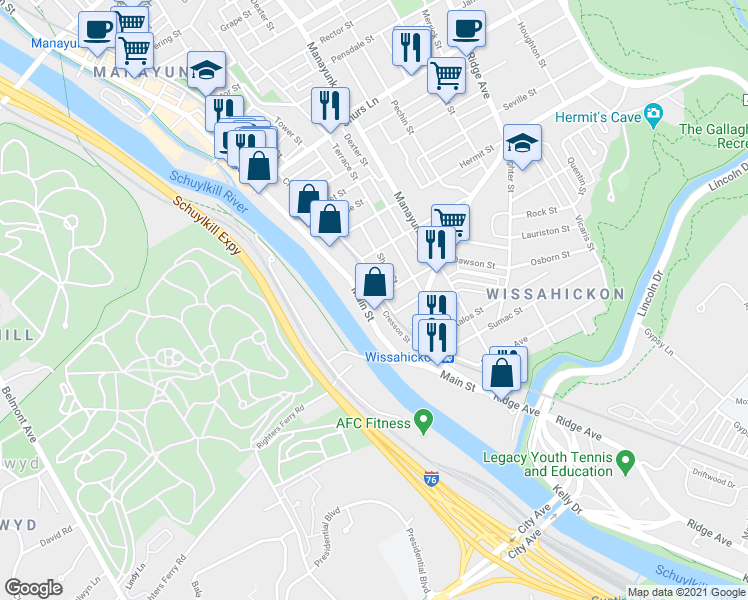 map of restaurants, bars, coffee shops, grocery stores, and more near 3758 Cresson Street in Philadelphia