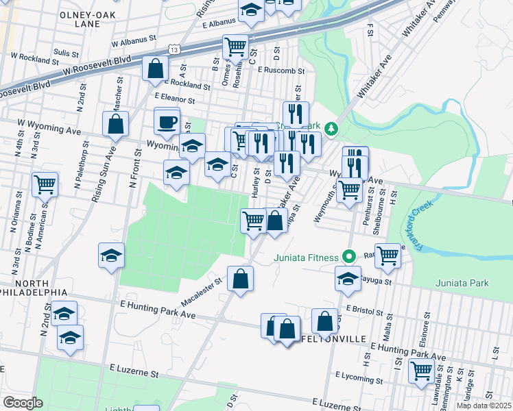 map of restaurants, bars, coffee shops, grocery stores, and more near 4549 Hurley Street in Philadelphia