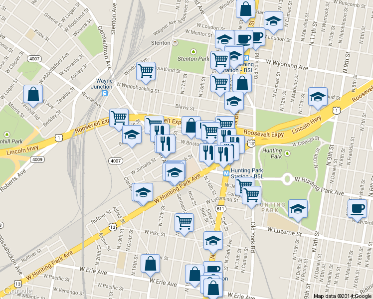 map of restaurants, bars, coffee shops, grocery stores, and more near 1615 Dounton Street in Philadelphia