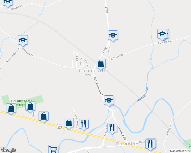 map of restaurants, bars, coffee shops, grocery stores, and more near 239 Old Leacock Road in Gordonville