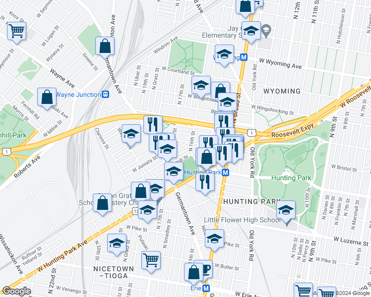 map of restaurants, bars, coffee shops, grocery stores, and more near 1615 Dounton Street in Philadelphia