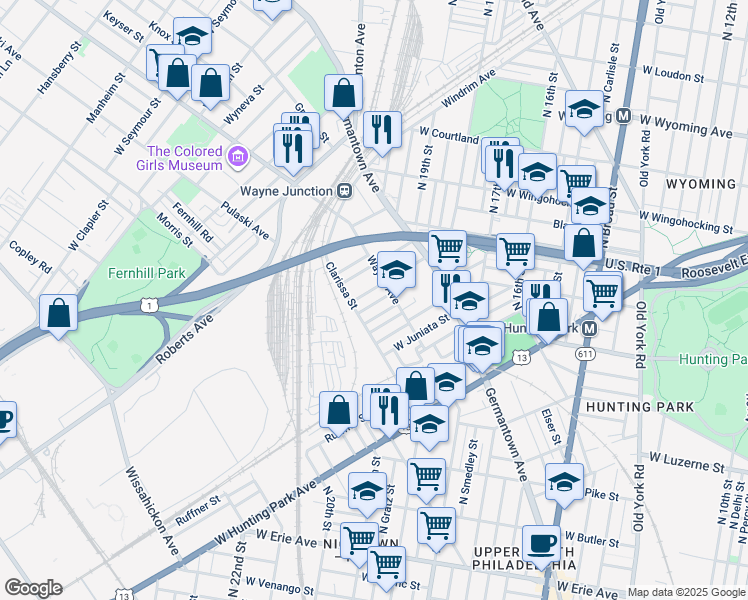map of restaurants, bars, coffee shops, grocery stores, and more near 1925 Dalkeith Street in Philadelphia