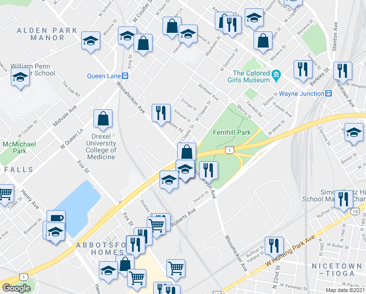 map of restaurants, bars, coffee shops, grocery stores, and more near 578 West Clapier Street in Philadelphia