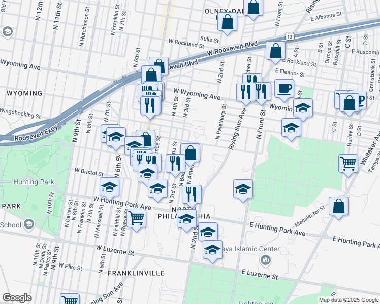 map of restaurants, bars, coffee shops, grocery stores, and more near 4430 North American Street in Philadelphia