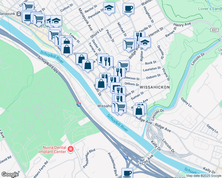 map of restaurants, bars, coffee shops, grocery stores, and more near 126 Vassar Street in Philadelphia