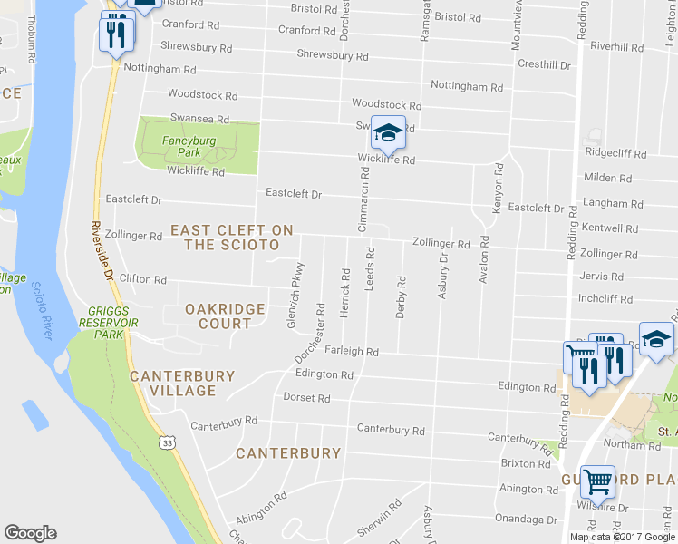 map of restaurants, bars, coffee shops, grocery stores, and more near 3135 Herrick Road in Columbus
