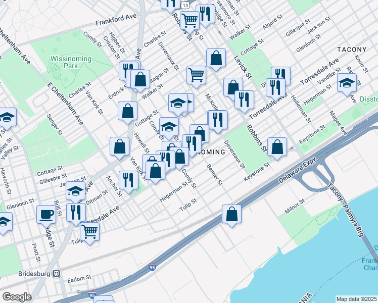 map of restaurants, bars, coffee shops, grocery stores, and more near 4627 Higbee Street in Philadelphia