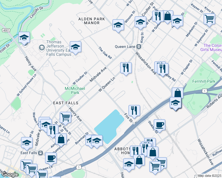 map of restaurants, bars, coffee shops, grocery stores, and more near 3592 Fox Street in Philadelphia