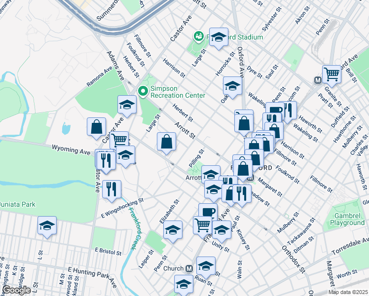 map of restaurants, bars, coffee shops, grocery stores, and more near 4650 Oakland Street in Philadelphia