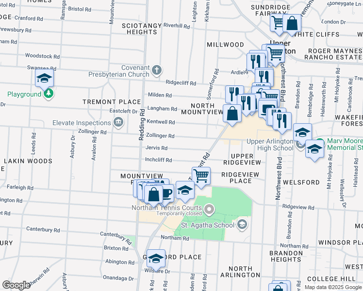 map of restaurants, bars, coffee shops, grocery stores, and more near 1988 Jervis Road in Columbus