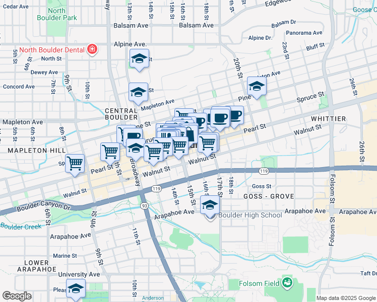 map of restaurants, bars, coffee shops, grocery stores, and more near 1900 15th Street in Boulder