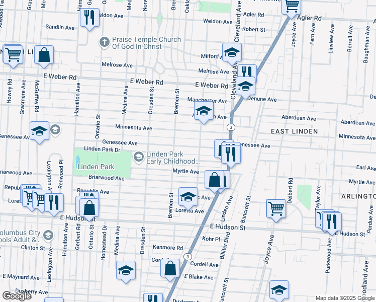 map of restaurants, bars, coffee shops, grocery stores, and more near 1603 Genessee Avenue in Columbus