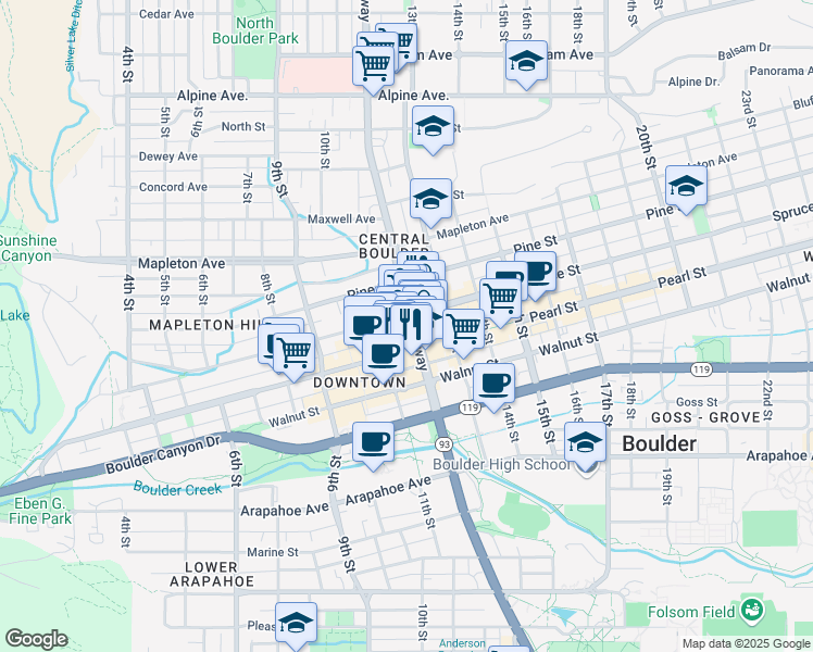 map of restaurants, bars, coffee shops, grocery stores, and more near 2041 Broadway in Boulder