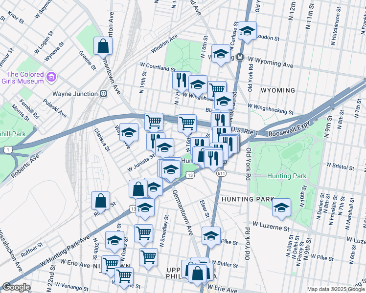map of restaurants, bars, coffee shops, grocery stores, and more near 1613 Dounton Street in Philadelphia