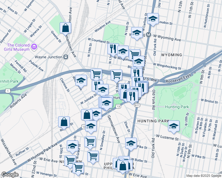 map of restaurants, bars, coffee shops, grocery stores, and more near 1622 West Juniata Street in Philadelphia