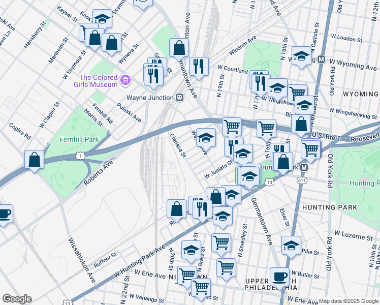 map of restaurants, bars, coffee shops, grocery stores, and more near 2034 Rowan Street in Philadelphia