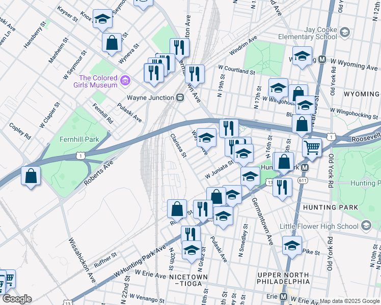 map of restaurants, bars, coffee shops, grocery stores, and more near 2034 Rowan Street in Philadelphia