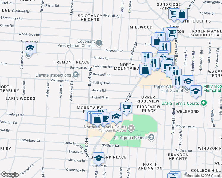 map of restaurants, bars, coffee shops, grocery stores, and more near 2040 Jervis Road in Upper Arlington