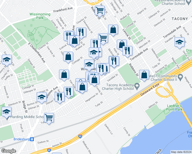 map of restaurants, bars, coffee shops, grocery stores, and more near 4618 Higbee Street in Philadelphia