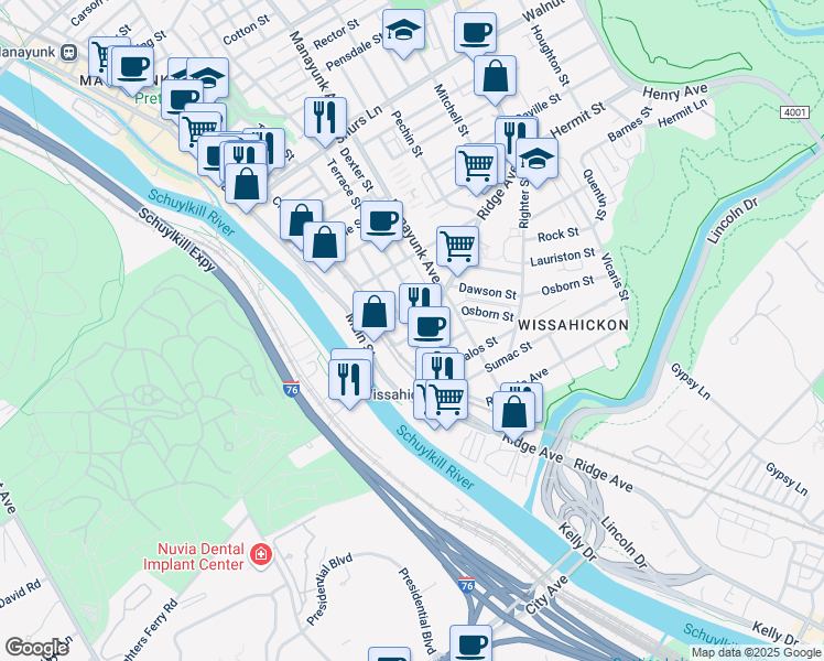 map of restaurants, bars, coffee shops, grocery stores, and more near 128 Vassar Street in Philadelphia