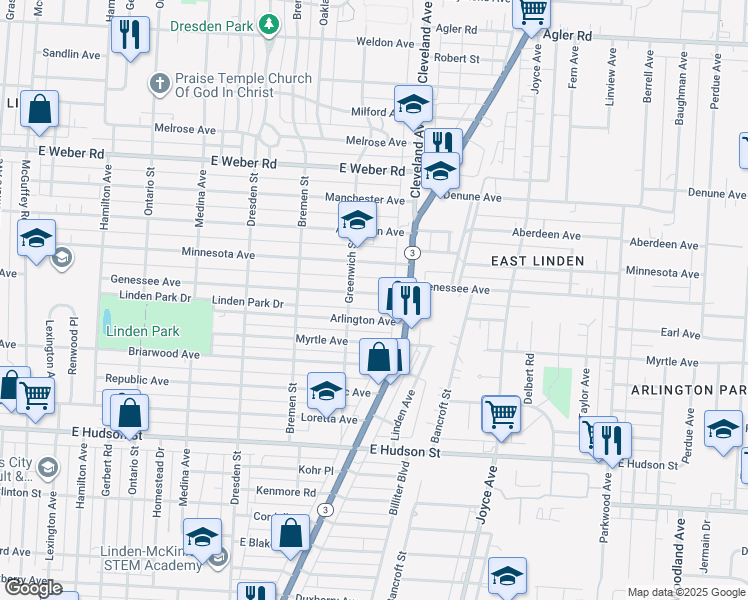 map of restaurants, bars, coffee shops, grocery stores, and more near 1653 Genessee Avenue in Columbus