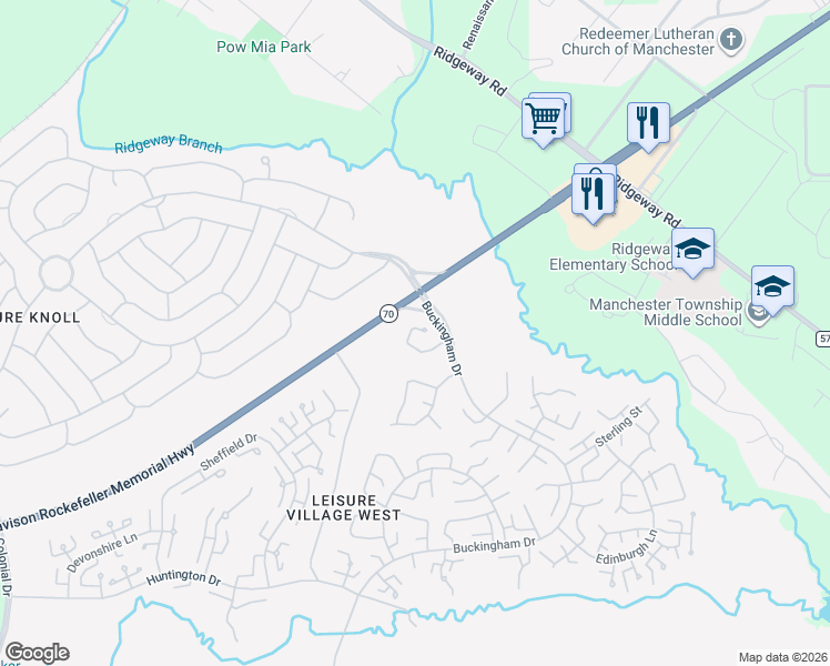 map of restaurants, bars, coffee shops, grocery stores, and more near 676A Buckingham Drive in Manchester Township