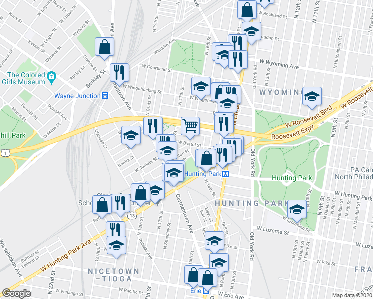map of restaurants, bars, coffee shops, grocery stores, and more near 1611 Dounton Street in Philadelphia