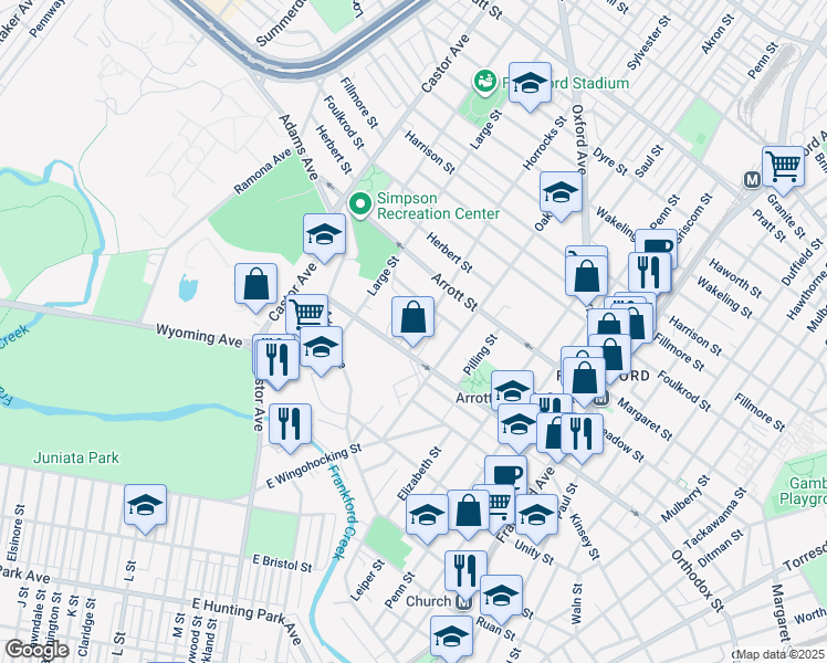 map of restaurants, bars, coffee shops, grocery stores, and more near 4626 Horrocks Street in Philadelphia