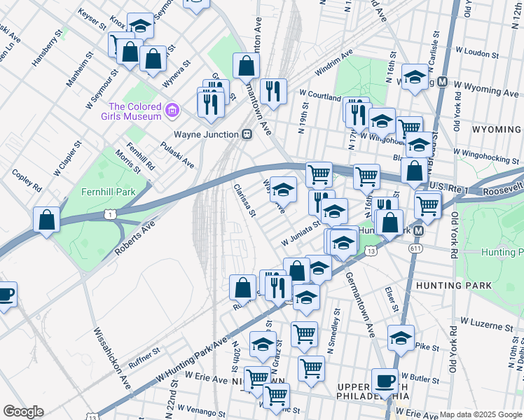 map of restaurants, bars, coffee shops, grocery stores, and more near 2032 Rowan Street in Philadelphia