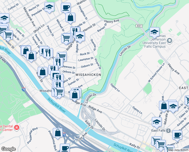 map of restaurants, bars, coffee shops, grocery stores, and more near 249 Rochelle Avenue in Philadelphia