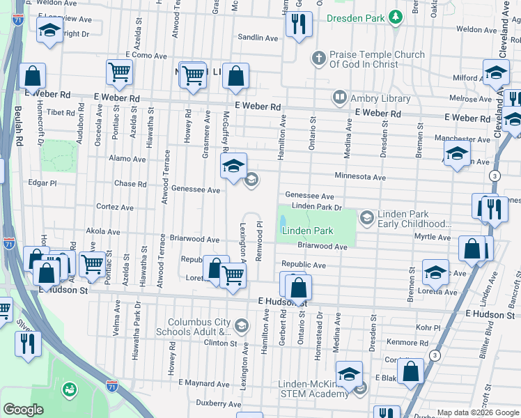 map of restaurants, bars, coffee shops, grocery stores, and more near 2579 Lexington Avenue in Columbus