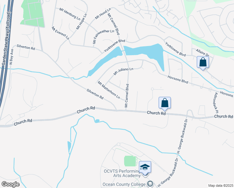 map of restaurants, bars, coffee shops, grocery stores, and more near 36 Mount Matterhorn Lane in Toms River