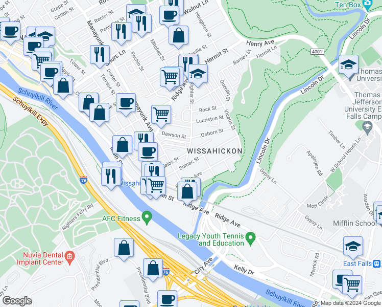 map of restaurants, bars, coffee shops, grocery stores, and more near 200 Kalos Street in Philadelphia