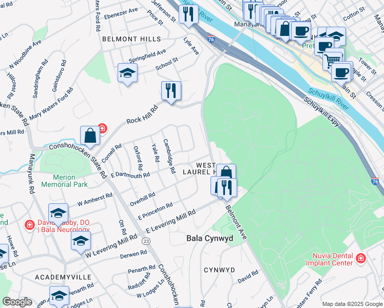 map of restaurants, bars, coffee shops, grocery stores, and more near 635 Fordham Road in Bala Cynwyd