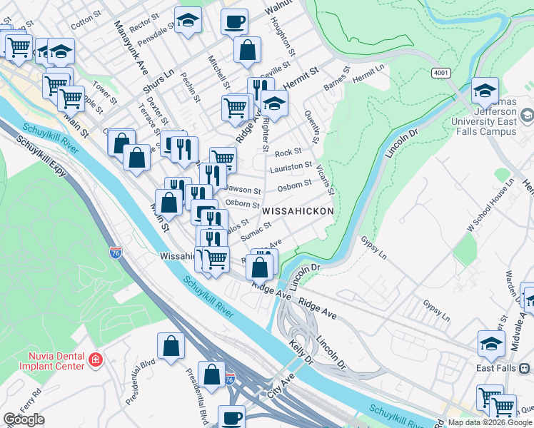 map of restaurants, bars, coffee shops, grocery stores, and more near 163 Sumac Street in Philadelphia